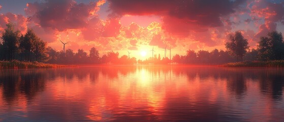Obraz premium A serene sunset over a lake, reflecting vibrant colors and surrounded by trees and wind turbines.