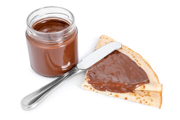 Tasty crepe with chocolate butter and knife isolated on white