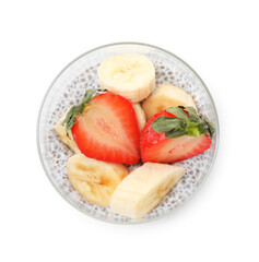 Delicious chia pudding with strawberries and banana in glass isolated on white, top view