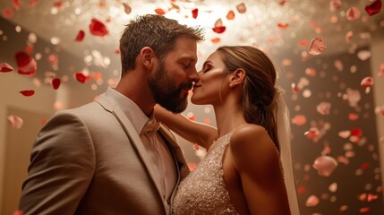 A couple shares an intimate kiss surrounded by floating petals, encapsulating the essence of love and romance in a picturesque setting that beautifully enhances the mood of their connection.