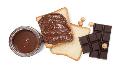 Tasty sandwiches with chocolate butter, pieces of chocolate and hazelnuts isolated on white, top view