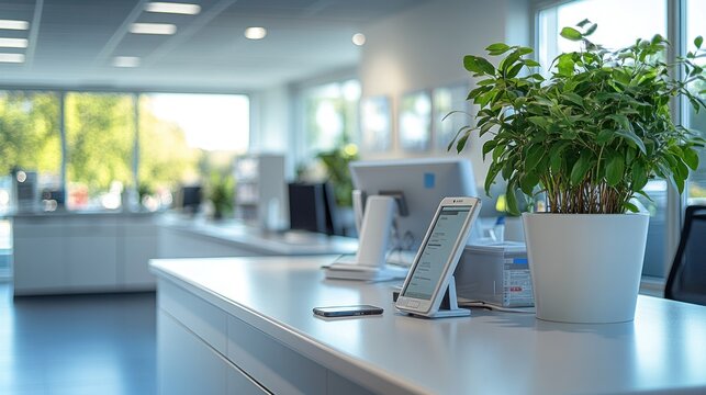 Modern office reception; tablet, plant, sunlight