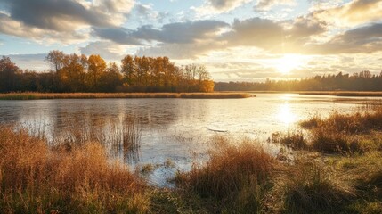 Fototapeta premium Golden Hour Reflection: Serene Autumn Landscape at the Lake's Edge