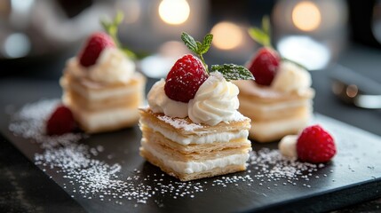 Three small desserts on a black slate plate. the desserts are square in shape and have a golden brown crust. each dessert is topped with a generous dollop of whipped cream and a fresh strawberry.