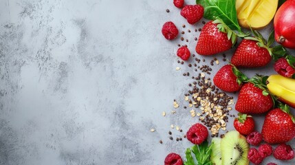 Colorful fresh fruits and cereal on grey concrete background, healthy eating