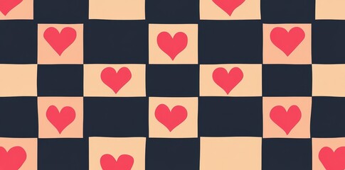 A seamless pattern illustration of red love hearts is set against a checkered romantic pink hearts background print, suitable for Valentine's day holiday backdrop texture and romantic wedding design