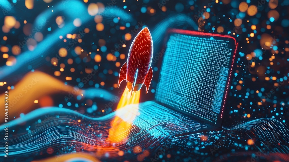 Fototapete this vibrant image features a rocket launching from a laptop, symbolizing innovation and digital gro