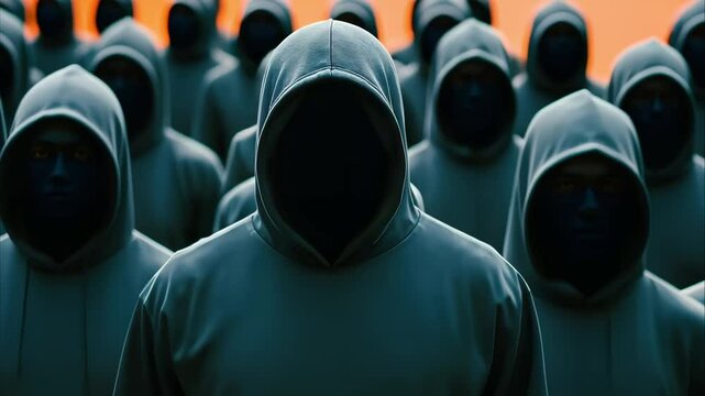 A group of faceless figures in hooded clothing, creating a mysterious and ominous atmosphere.