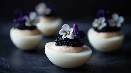 Four deviled eggs on a black slate surface. the eggs are round and have a creamy white color. on top of the eggs, there is a small cluster of black caviar and a few small white and purple flowers.