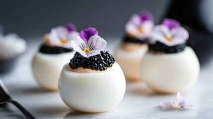 Group of small white eggs with black caviar on top. the eggs are arranged in a row and are placed on a white marble surface.