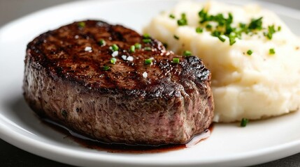 Plate of food consisting of a steak and mashed potatoes. the steak appears to be cooked medium-rare, with a dark brown crust on the outside and a juicy center.