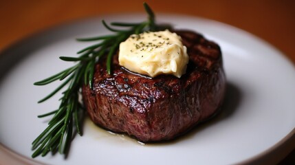Plate of food with a steak on it. the steak appears to be cooked medium-rare, with a dark brown crust on the outside and a juicy center.