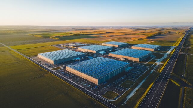 Aerial View of a Large Industrial Data Centers topped with solar panels. Cloud Computing, Data Storage, and Technological Infrastructure.