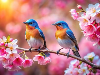Fototapeta premium Macro Colorful Birds Cherry Blossom Branch Spring Nature Wildlife