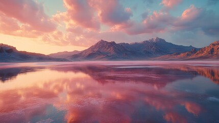 A saltwater lake with stunning pink hues, surrounded by a desolate, beautiful landscape