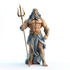 Obraz premium A man with a sword and a trident is standing in front of a white background