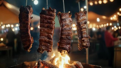 Racks grilled ribs hang over an open fire at an outdoor night market, glowing with a rich, smoky texture. Concept barbecue culture, rustic outdoor cooking, and warmth social gatherings around food.