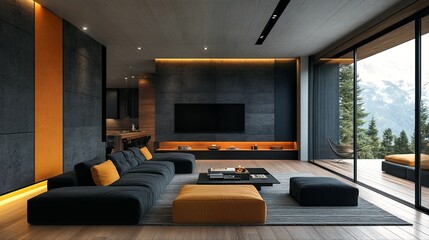 Fototapeta premium Minimalistic modern living room with floor-to-ceiling windows.