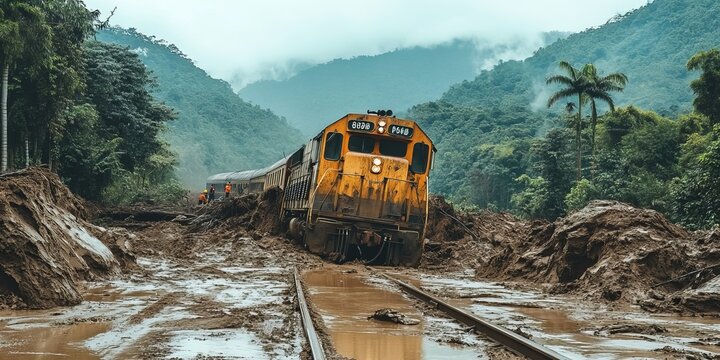Train derailment after mudslide in mountainous region