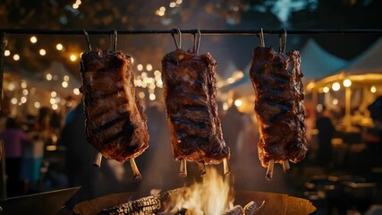 Racks grilled ribs hang over an open fire at an outdoor night market, glowing with a rich, smoky texture. Concept barbecue culture, rustic outdoor cooking, and warmth social gatherings around food.