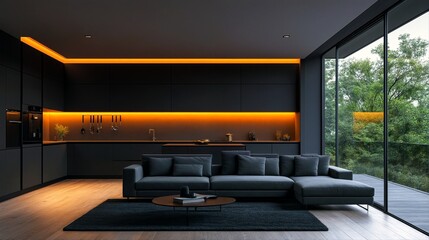 The image features a modern living room with large windows and an adjacent kitchen.
