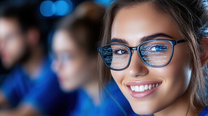 Portrait of a smiling young female coding instructor in a contemporary tech enabled classroom setting surrounded by digital devices and equipment