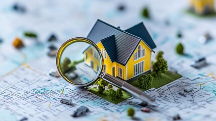 Finding the Perfect Home: A Magnifying Glass on a Map Reveals a Dream House Model.