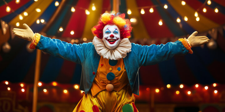 Cheerful clown wearing funny colorful clothes and a hat on a backdrop of circus tent. - Powered by Adobe