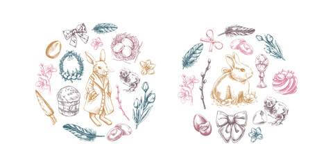 Hand-drawn Easter circle compositions with bunnies, eggs, flowers, and festive elements in vintage sketch style
