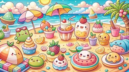 Obraz premium Kawaii Summer Beach Food Photography - Pastel Comic Art