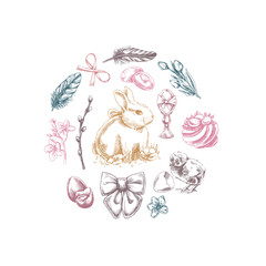 Hand drawn vintage Easter circle set with rabbit, eggs, flowers, bow, festive elements in pastel gold, pink and teal tones