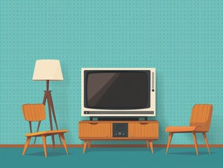 Retro Living Room Illustration with Vintage Television and Furniture