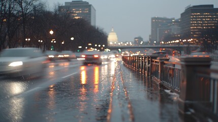 Fototapeta premium Rainy Night City Street Scene, Capitol Building in Background