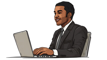 An illustration of a smiling young businessman in a suit working on a laptop computer at a desk.