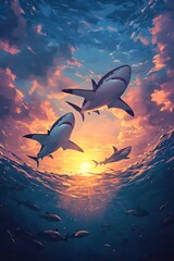 Fototapeta premium A group of golden sharks under the sunset glow
