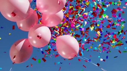 Pink balloons gently rising against pristine blue sky background, accompanied by vibrant confetti falling in elegant slow motion sequence, capturing celebratory moment's pure joy and festive spirit - Powered by Adobe