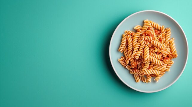 Plate of fusilli pasta on a turquoise background. the pasta is spiral-shaped and appears to be cooked with tomato sauce. the plate is round and light blue in color.