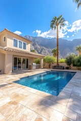 Fototapeta premium Luxurious Backyard Retreat with Sparkling Pool Palm Tree and Mountain View on Sunny Day