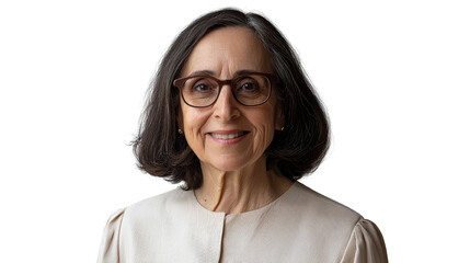 Obraz premium Confident woman smiling warmly with glasses against a neutral background