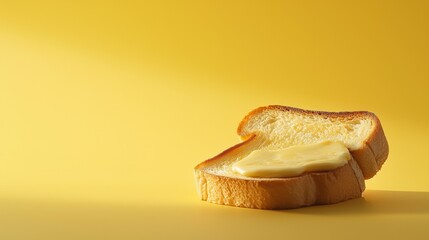 Slice of bread on a yellow background. the bread appears to be toasted and has a golden brown crust. on top of the bread, there is a generous amount of butter spread evenly across the slice.