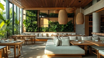 A modern restaurant with a tropical theme featuring natural materials and plenty of greenery.