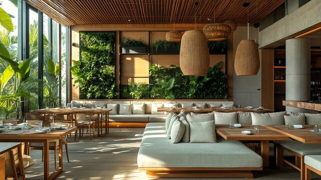 A modern restaurant with a tropical theme featuring natural materials and plenty of greenery.