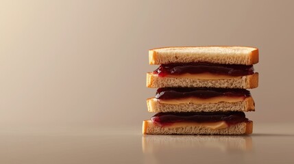 Fototapeta premium Stack of three slices of bread with jam on top. the bread appears to be toasted and has a golden brown color. the jam is a deep red color and is spread evenly across the top slice of bread.