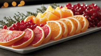 White rectangular platter with a variety of sliced oranges and pomegranates arranged in a circular pattern.