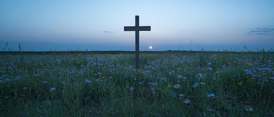 Naklejka premium A Serene Cross Surrounded by Wildflowers Beneath a Soft Moonlight