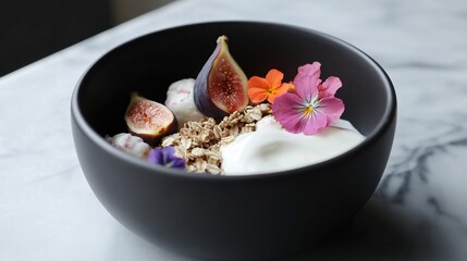 Close-up of a black bowl filled with a dessert. the bowl is placed on a white marble countertop. the dessert appears to be a granola bowl with a dollop of whipped cream on top.