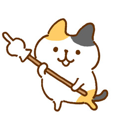 指差し棒で斜め上を指す三毛猫のキャラクターイラスト