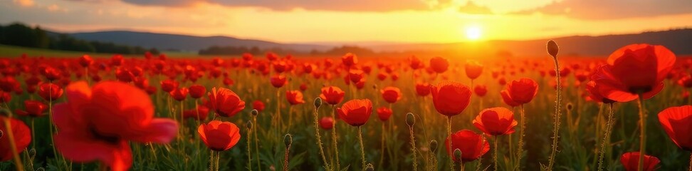 Fototapeta premium The golden light of sunset casts a warm glow on the poppies, nature, poppy field, landscape photography