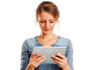 Woman Engaged with Tablet Device in Casual Denim Top on White Background