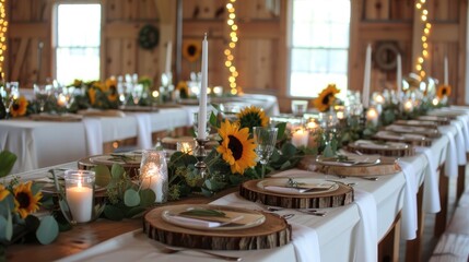 A rustic wedding table setting with wooden slice place settings
